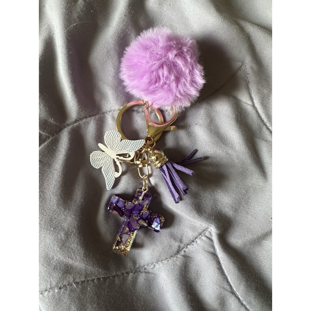 Purse charm/Keychain with butterfly charm/Cross/Tassel/Pom - light blue